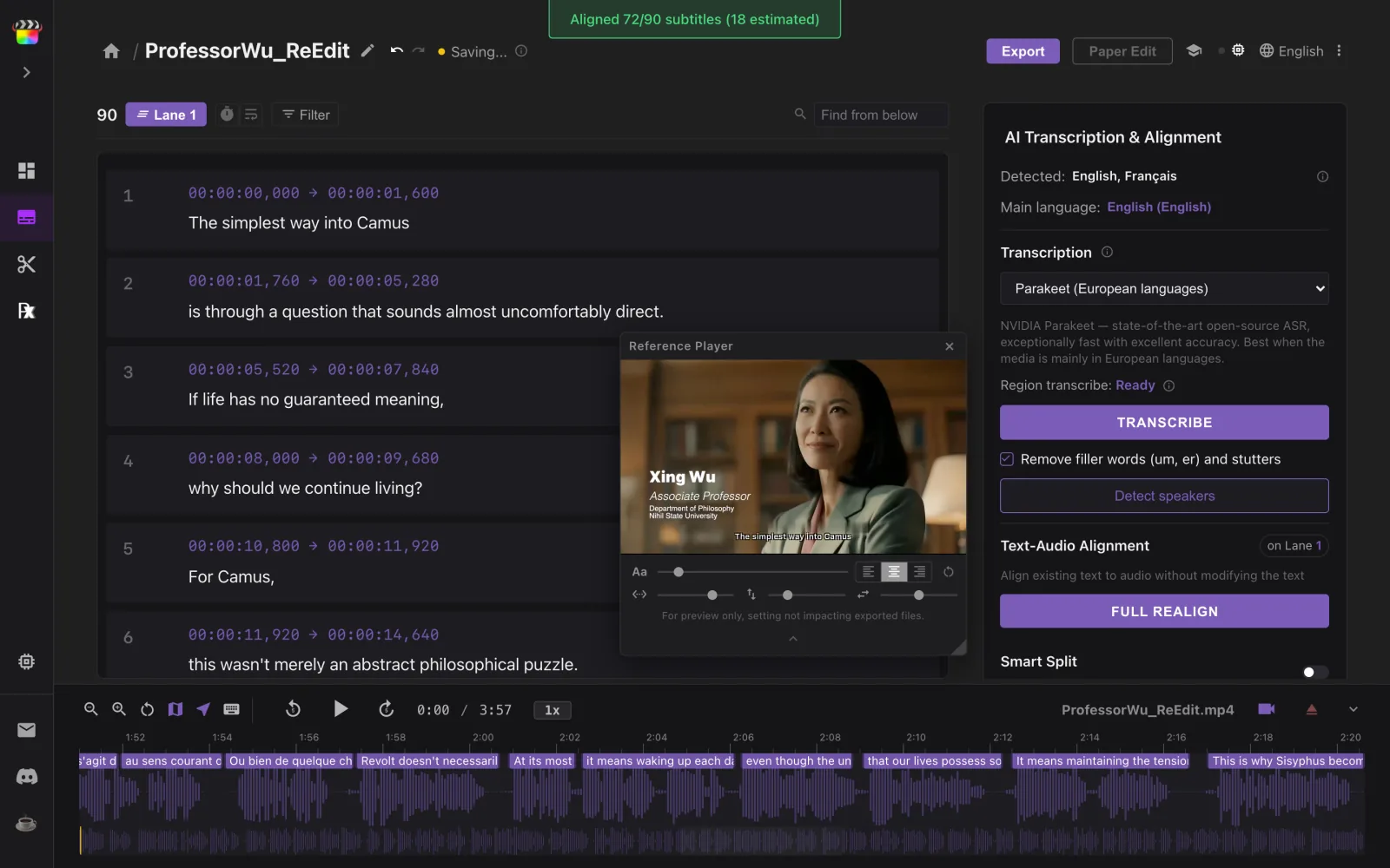 The finish message “Aligned 72/90 subtitles (18 estimated)” above the realigned editor