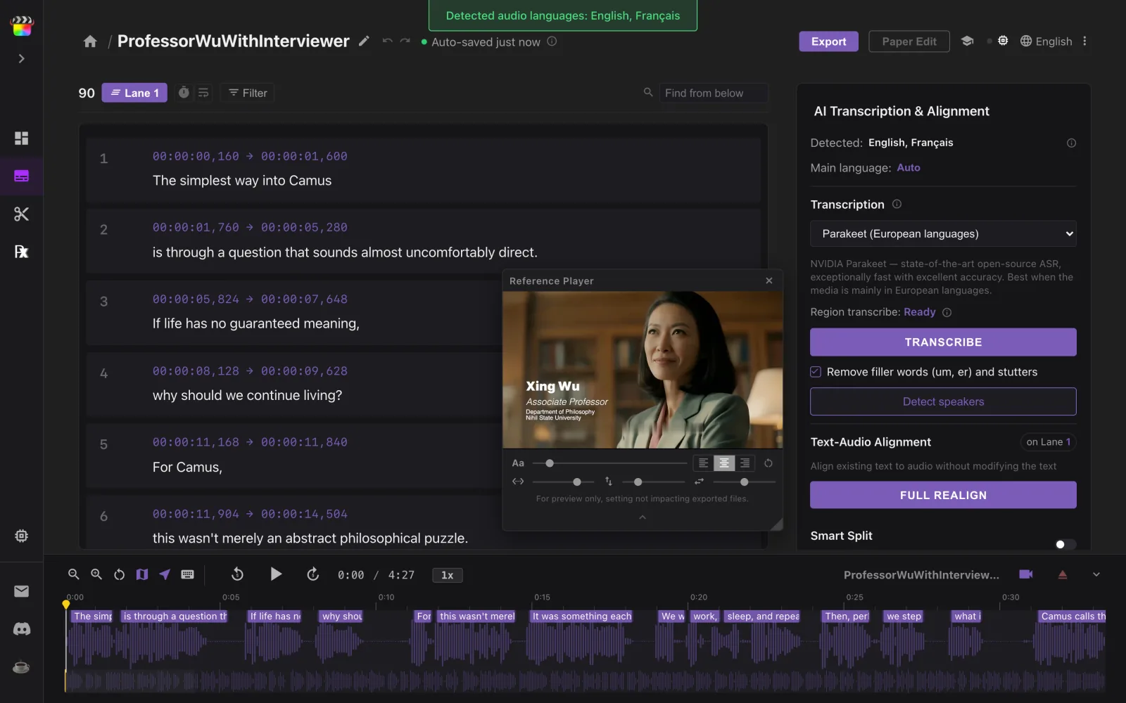 The Subtitle Wrangler editor: the subtitle list, the waveform with subtitle blocks, and the Reference Player showing the interview